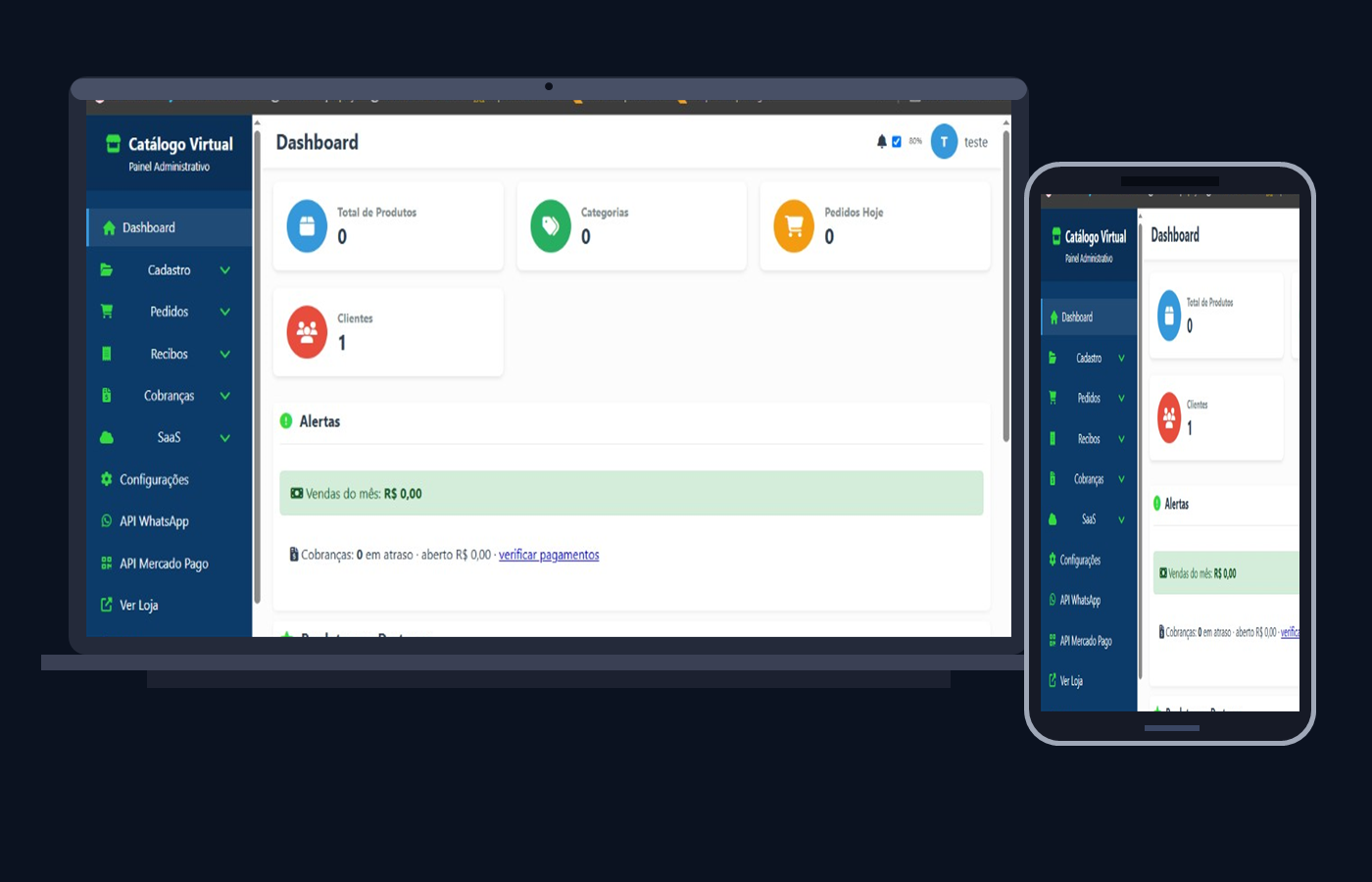 Notebook e celular com o painel do Catálogo Virtual